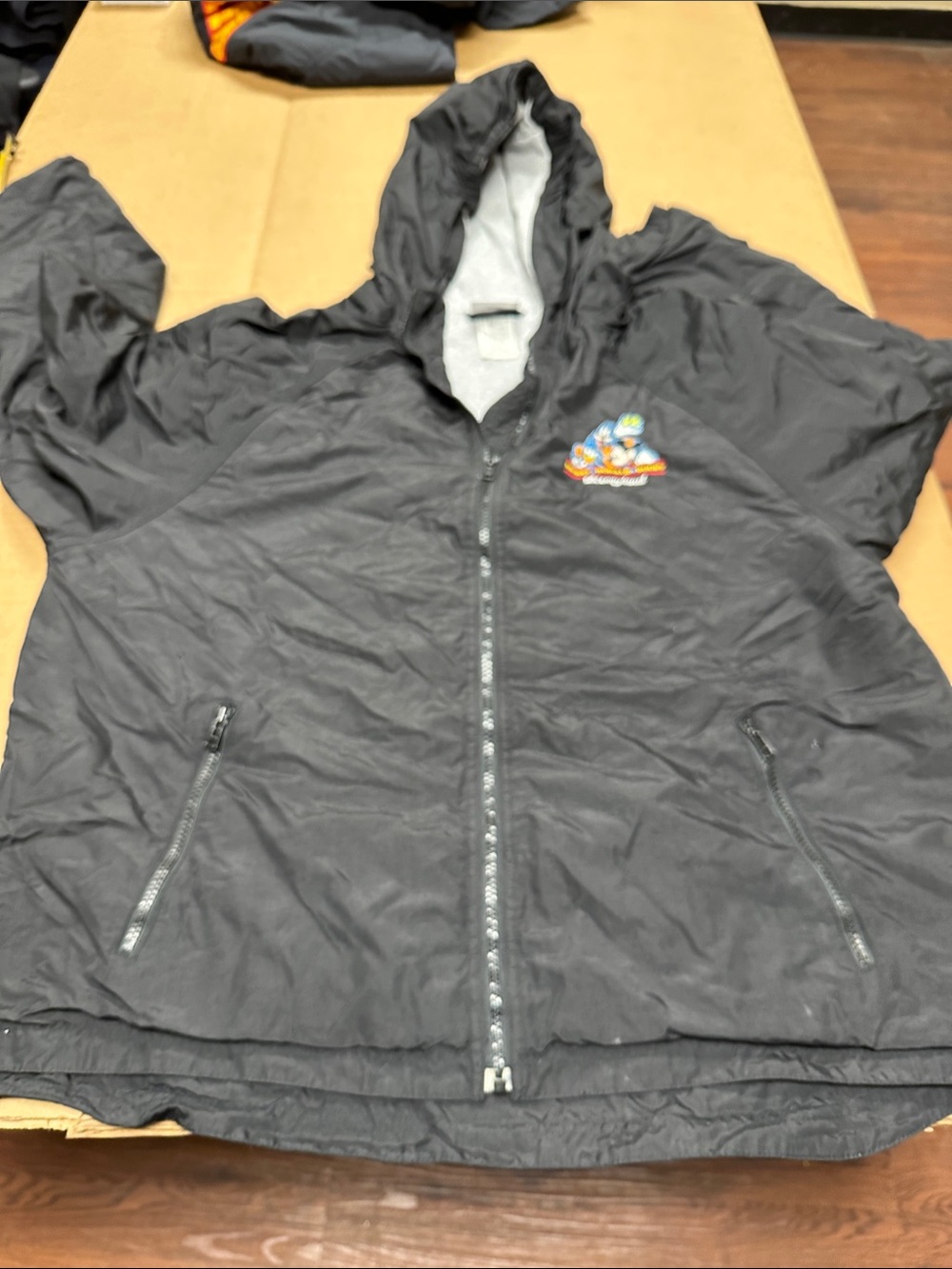 ##890, Size L, Disney Black Hooded Zip-Up Puffer Jacket/Colorful Chest Patch - Picture 2 of 4